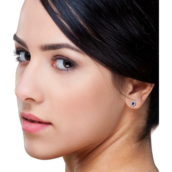 Blue Round Cut Sapphire Bezel  Diamond Stud Earring 925 sterling silver 3 gram